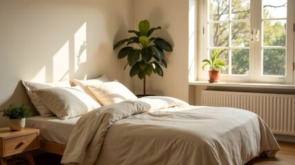 cozy bedroom with a large bed with a large window