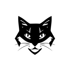 Geometric, minimalist black cat portrait with angular features and white background, conveying a stylized, modern aesthetic and bold contrast.