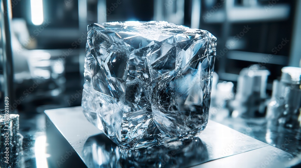 Poster crystalline cube: a captivating, close-up perspective of a shimmering, textured ice cube, its facets