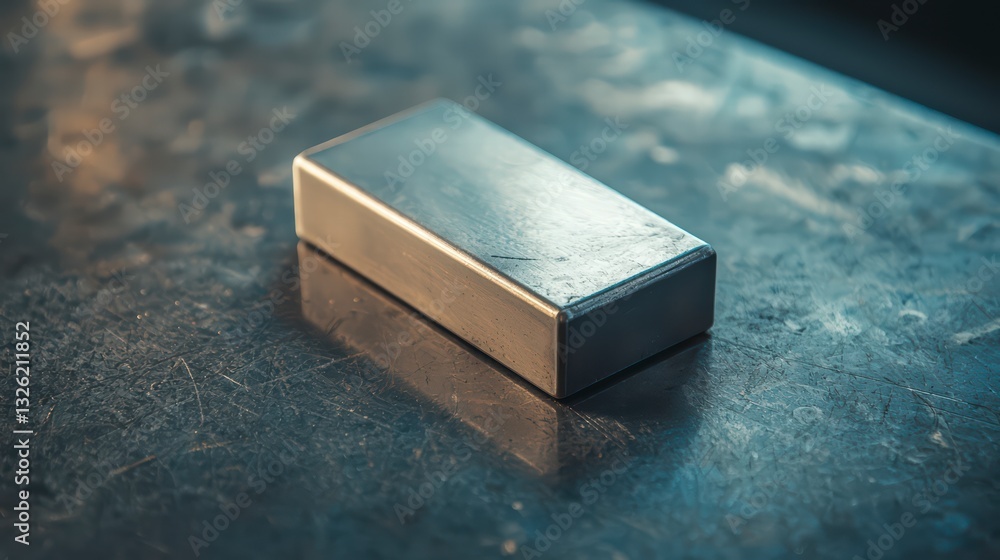 Aufkleber industrial rectangle on metal surface: a shiny metal rectangle object placed on a scratched metal su