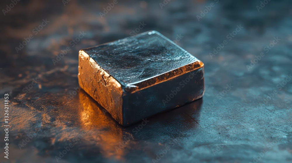Poster metallic cube on textured surface: a close-up shot showcases a metallic cube with a rugged texture, 