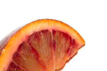 Blood Red Orange Slice Piece Fruit Cut Juicy Close up on White Background