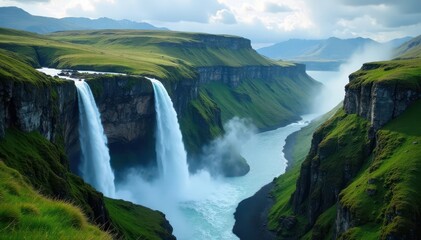 Majestic Seven Sisters waterfall cascading down Norway's cliffs , rocks, texture, dramatic