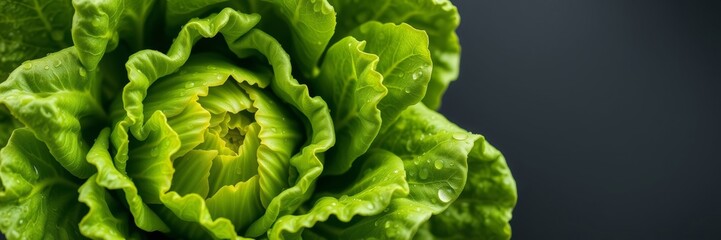 Fototapeta premium Fresh green lettuce with water droplets on dark background
