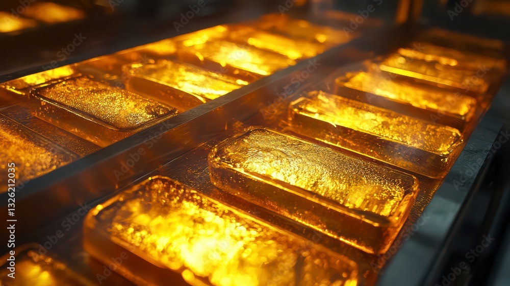 Poster gleaming gold: an overhead shot of pure gold bars stacked in neat rows, reflecting light. capturing 