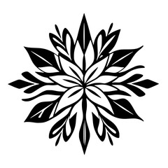 Geometric, symmetrical black and white floral design. A stylized, radial flower or snowflake, detailed, graphic illustration.