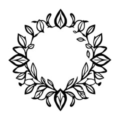 Elegant black and white botanical design forming a symmetrical circular decorative wreath with stylized leaves and stems, perfect for invites and logos.