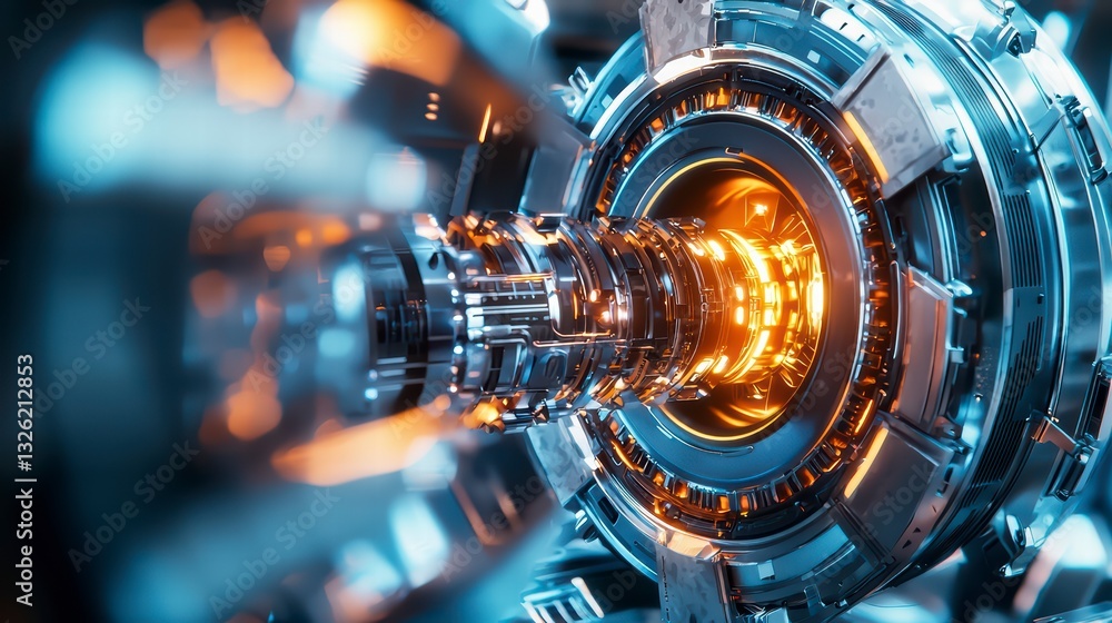 Poster the core of innovation: an intricate machine component, bathed in the warm glow of internal energy, 