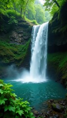 Obraz premium Misty waterfall plunging into emerald pool, ferns framing scene, magic, water