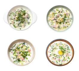 Delicious okroshka soup with kefir in bowls on white background, set. Top view