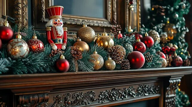 Festive nutcracker and ornaments adorn elaborate christmas mantel garland