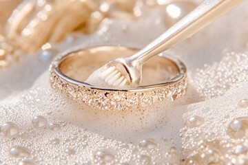 Jewelry Cleaning Process Featuring a Sparkling Silver Ring Being Brushed in Soapy Water for Restoration