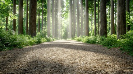 Obraz premium Sunlight filters through tall trees, illuminating a serene forest path surrounded by lush greenery.