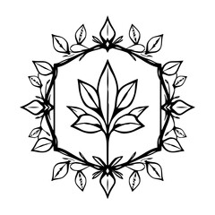 Elegant, stylized monochrome botanical design featuring a central leafy element framed within a hexagonal border, adorned with floral embellishments, creating a symmetrical pattern.