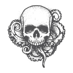 Abstract hand drawn skull head with tentacles