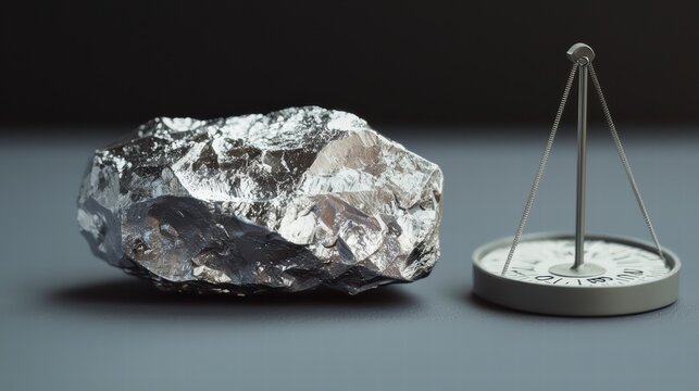 Balance and Ore: A meticulously composed image showing a rough, irregular metallic ore and a calibrated balance, representing the concepts of preciousness and equilibrium.