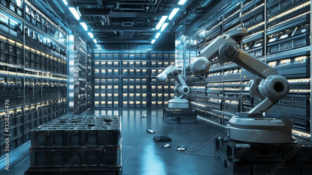 Aufkleber robotic arms in server room: the image showcases an ultramodern server room filled with rows of powe