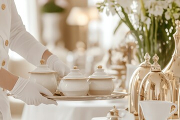 Elegant Service of Fine Tableware in a Luxurious Dining Setting With Attention to Detail in Hospitality