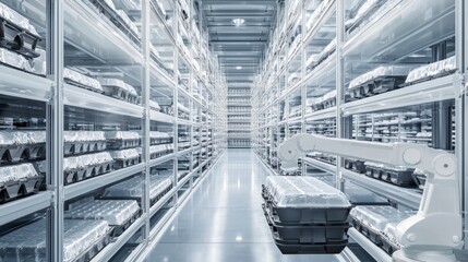 Automated Warehouse: A futuristic vision of automated warehouse featuring robotic arm, shelves, product packing and distribution