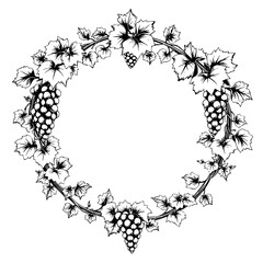Intricate black and white circular design with grape vines and leaves, creating a decorative frame with a vintage aesthetic. © MatandSterre