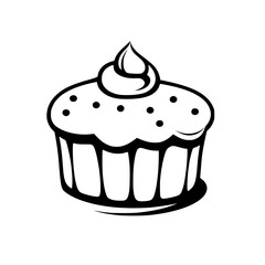 Stylized Black and White Vector Illustration of a Cupcake with Detailed Frosting, Dots, and a Scalloped Liner.