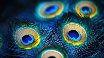 Obraz premium Close-up peacock feathers, vibrant colors, dark background, intricate patterns