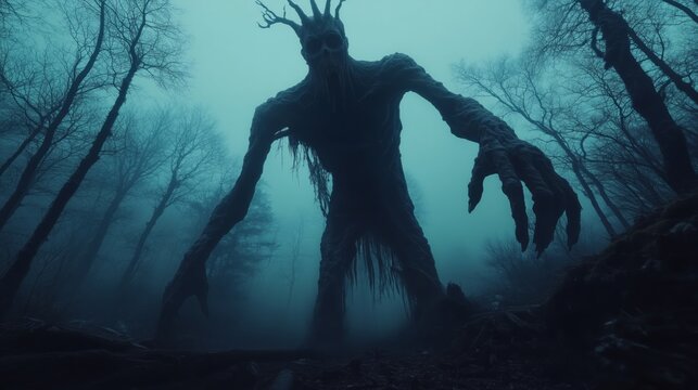 Horrible daemon ghost in dark strange forest in fog. Full of horror, fear, riddles and secrets, and does not give an answer.