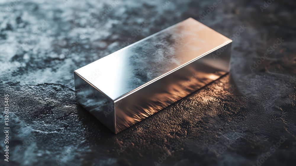 Poster shiny block: an eye-level shot showcasing a rectangular, metallic block resting on a textured surfac