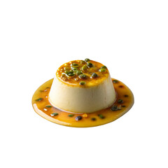 A silky smooth panna cotta topped with vibrant passion fruit sauce.