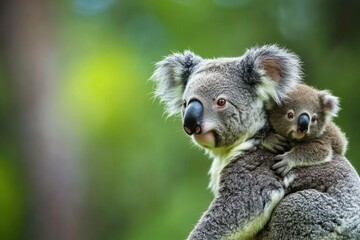 Adorable Mother Koala Carrying Baby on Her Back.