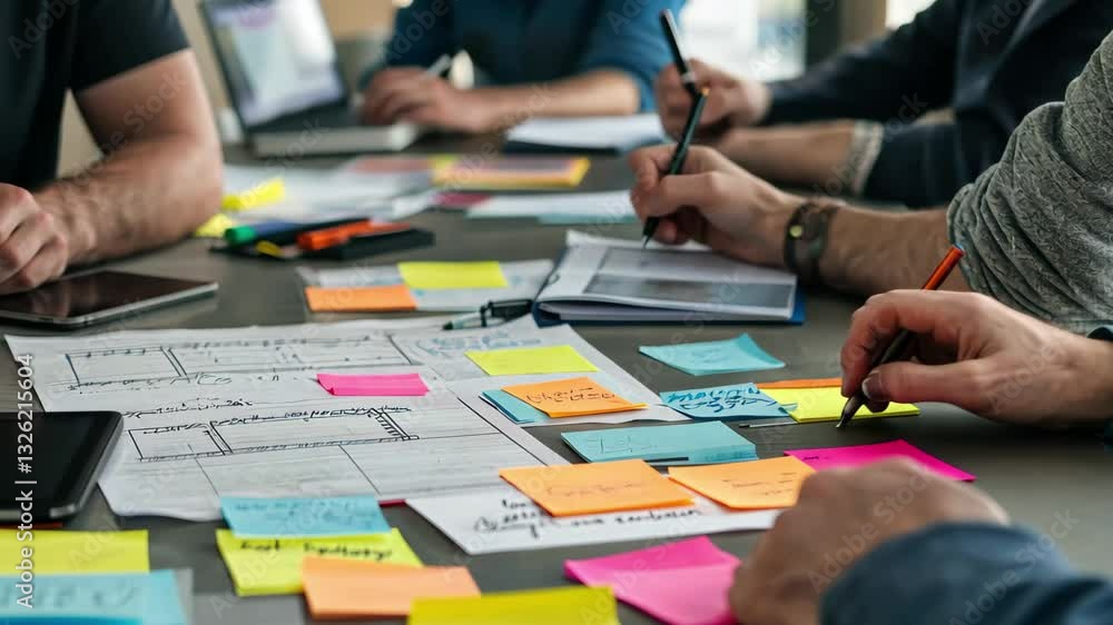 Poster brainstorming session generates creative ideas with colorful sticky notes and collaboration in a mod