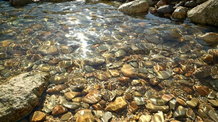 Obraz premium Serene Stream: A close-up view captures the glistening surface of a clear stream flowing over smooth, colorful stones, creating a sense of tranquility and natural beauty.