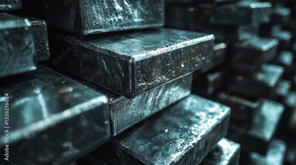 Poster precious metal stack: close-up of stacked, shiny metallic bars in a vault, representing wealth and i