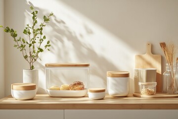 Minimalistic Kitchen Display With Modern Storage Containers and Natural Decor in Bright Lighting