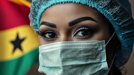 Caucasian female doctor with Ghana flag representing healthcare and cultural pride, flag of ghana over caucasian female doctor in face mask - Powered by Adobe