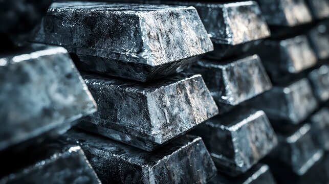 Stacked Metal Bars: An eye-level shot focuses on a stack of metal bars, showcasing their rugged texture and metallic sheen, conveying solidity and value.