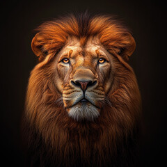 Naklejka premium Majestic lion head portrait with a fierce expression and detailed mane, showcasing its power and beauty in the wild