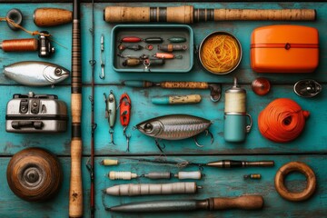 A still life of fishing gear, with a fishing rod, tackle box, and lures arranged on a wooden dock