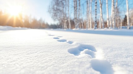 Obraz premium Sunlit snowy path with footprints leading through a winter forest of birch trees, capturing serene wilderness beauty.