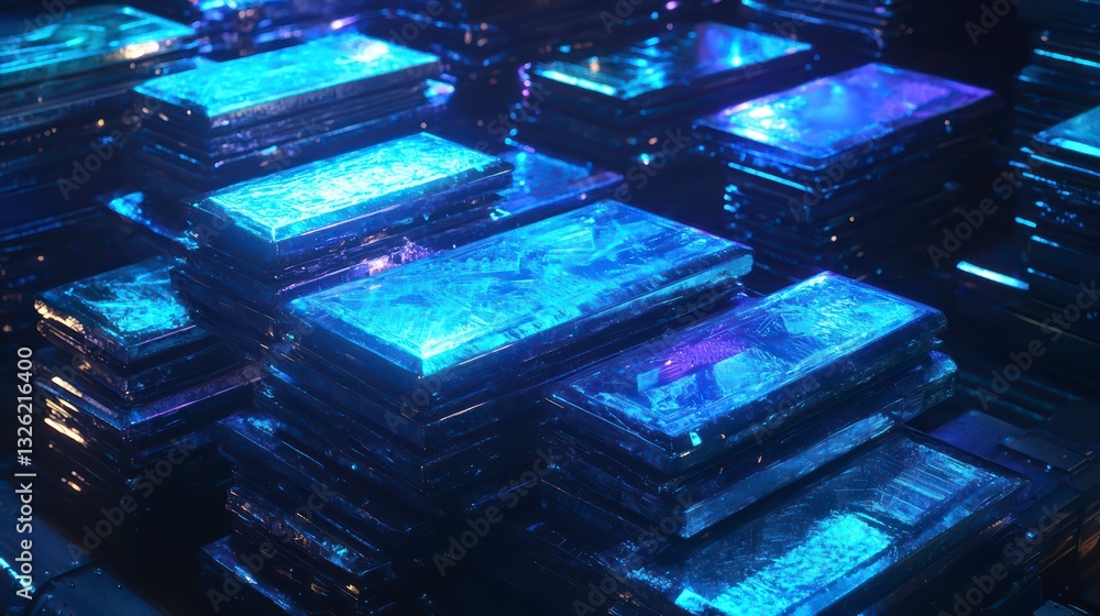 Poster gleaming gold bars: a close-up shot of a large stack of gold bars, gleaming with a mysterious blue l