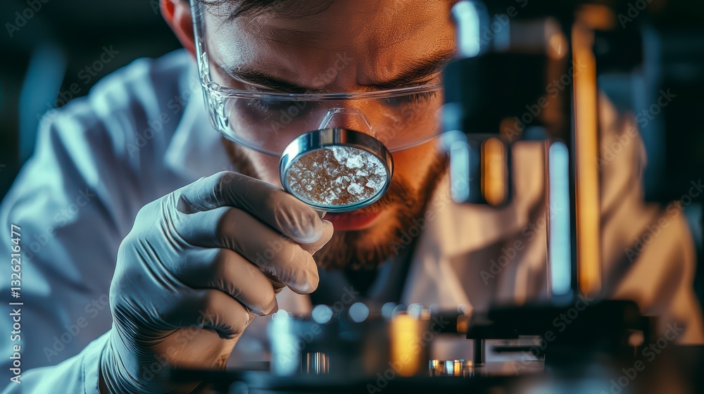 Poster microscopic analysis: a focused scientist in a laboratory, meticulously examining a sample with a ma