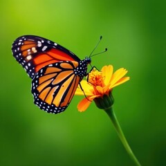 Fototapeta premium Monarch butterfly feeding on flower; green backdrop provides ample copy space , insect, pollination, colorful