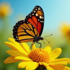 Fototapeta premium Monarch butterfly wings spread, nectaring on vibrant sunflower, fauna, bloom