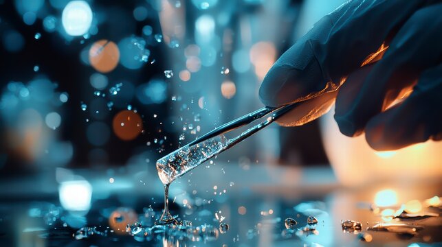 Capturing the essence of scientific precision and innovation, the image showcases a gloved hand delicately holding a crystal specimen with tweezers, as water droplets cascade in a captivating display.