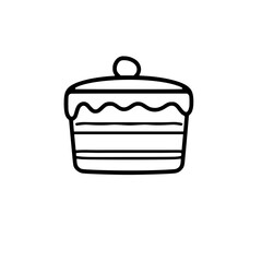 Vector graphic depiction of a layered cake, featuring a wavy-lined top, simple design, and a single circular ornament, all in stark black on white background.