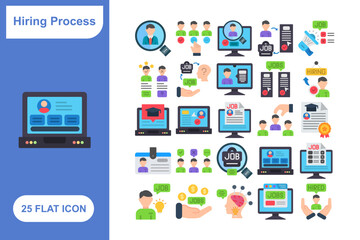 Hiring Process Flat Icon Set, Collection of 25 Hiring Process Flat Icon Set – 25 Recruitment, Interview, and HR Icons