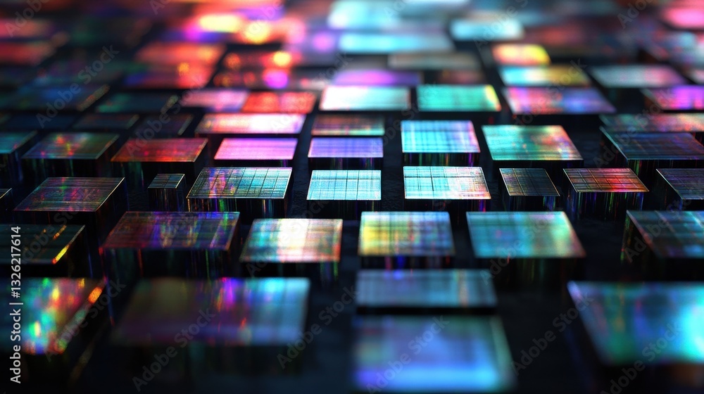 Poster abstract digital grid of rectangular blocks with holographic colors and shallow depth of field.
