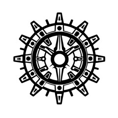 Symmetrical Black and White Circular Geometric Design with Outer Teeth, Inner Starburst, and Detailed Rings on White Background.