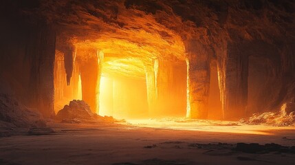 An empty cave with long shadows from tall rock structures and a dim light illuminating the center