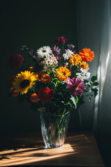 Vibrant bouquet of sunflowers, roses, and carnations in a glass vase